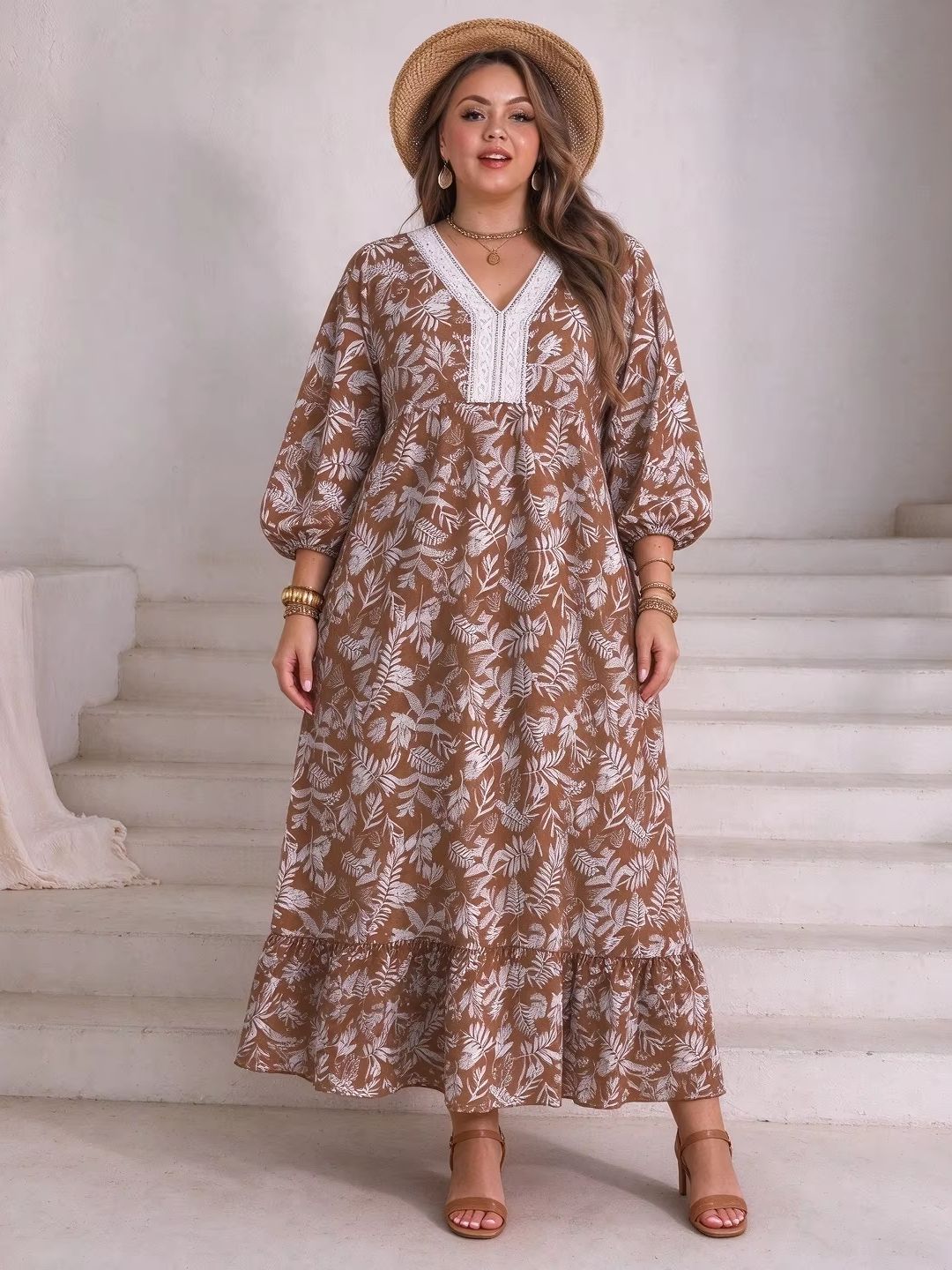 Boho Summer Beach Maxi Dress - Plus Size Women Leaf Floral Maxi