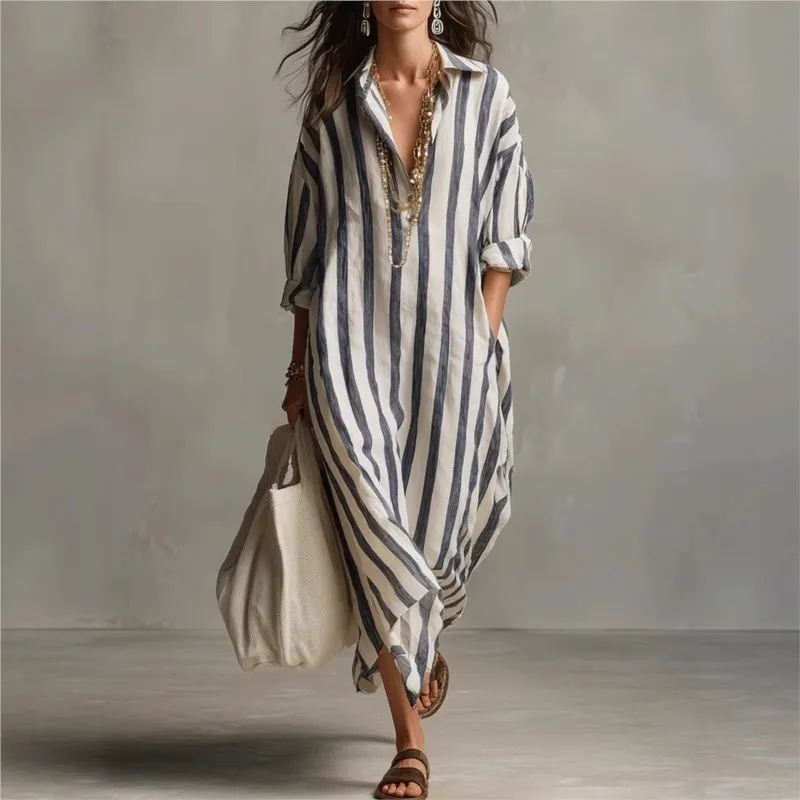 Casual Loose Linen Shirt Dress - Elegant Turn Down Collar Linen long