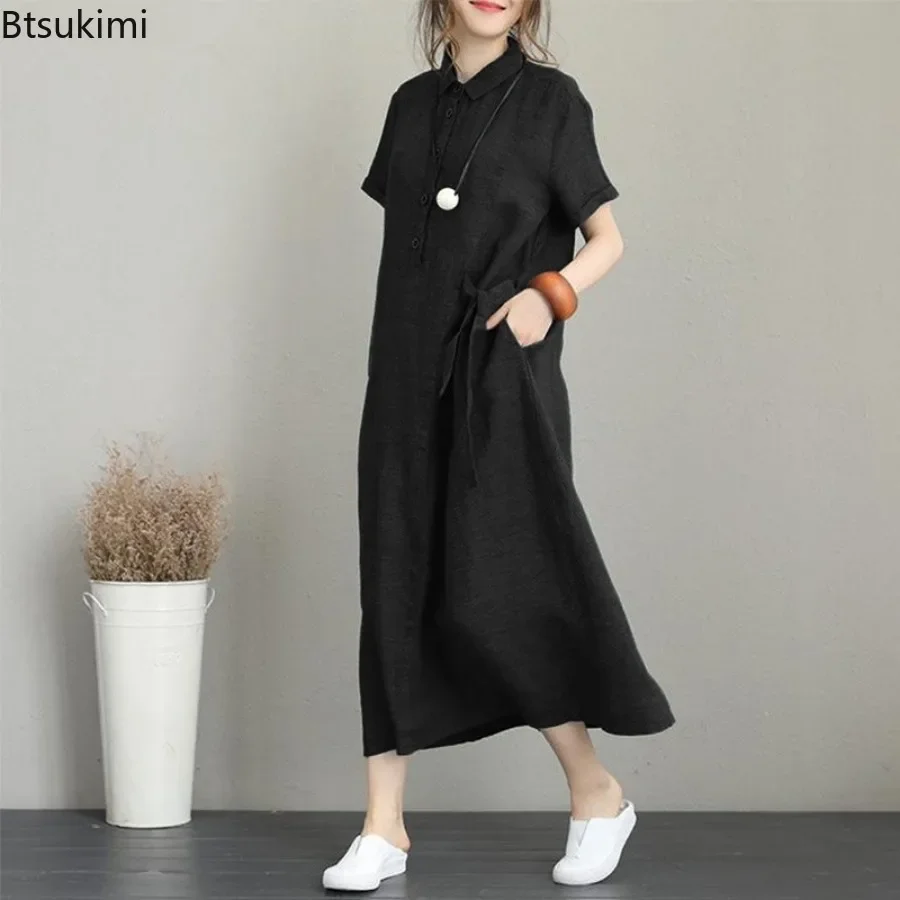 2026 Summer Dress Simple Vinta - Casual Loose Linen Shirt Dress recension och pris