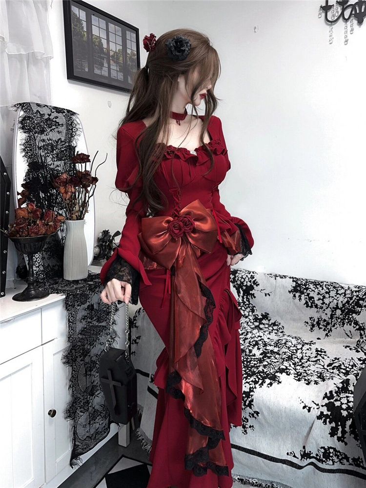 Spring Red Vintage Dress Women - French Vintage Floral Midi Dress recension och pris